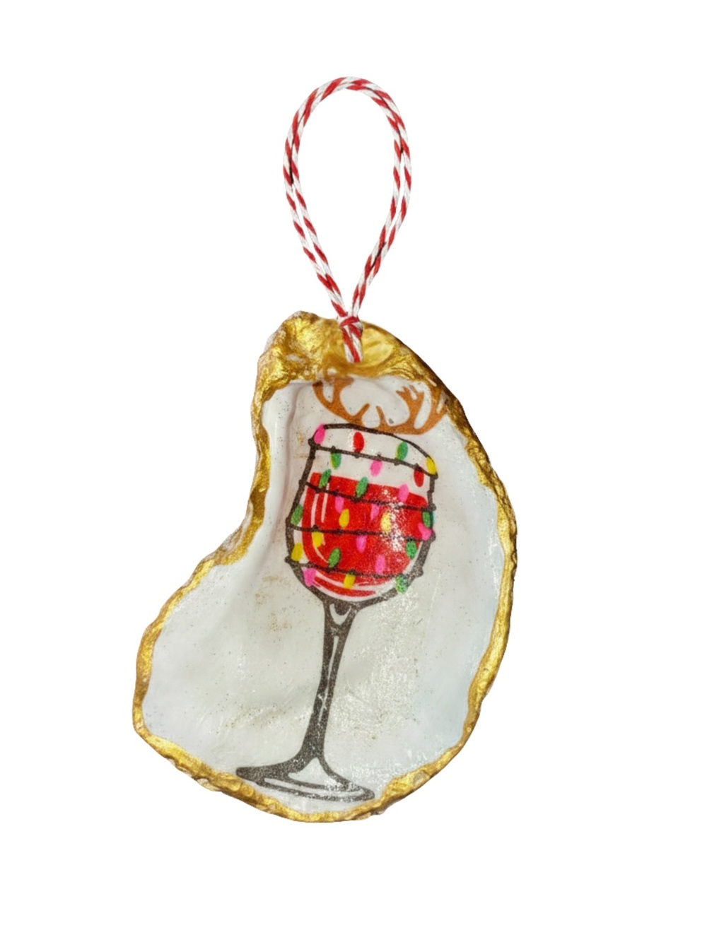 Festive Wine Glass Oyster Shell Ornament - White & Gold